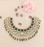 Jadau Kundan Green Carving Necklace With Pearl & Natural Strawberry Beads