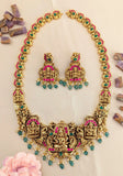 Jadau Kundan + Temple/Antique Goddess Laxmi Peacock Necklace with Pearl & Natural Strawberry Beads